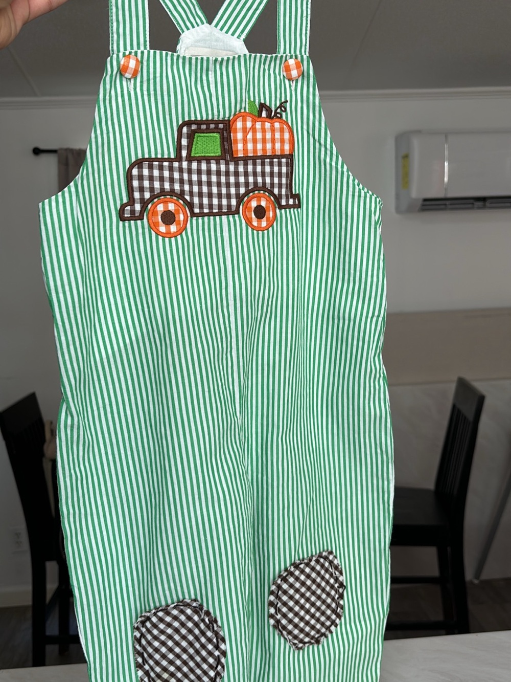 Green Striped Kids Overalls with Pumpkin Truck Applique